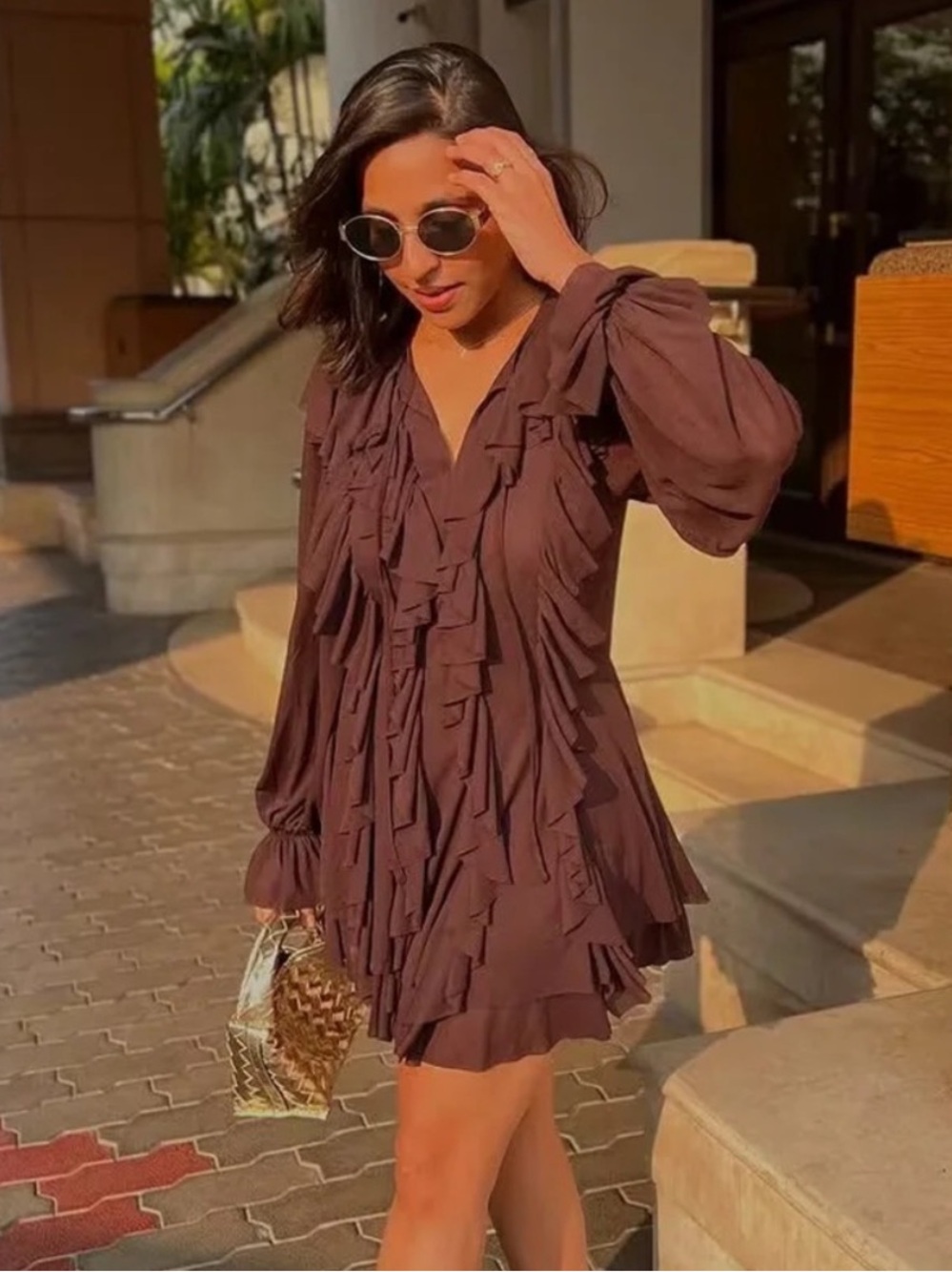 Zara Ruffled Cascading Chocolate Brown Semi Sheer Billowy Boho Mini Dress Medium - Picture 4 of 13